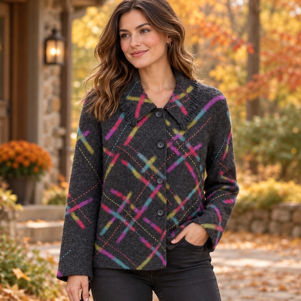 Talbots Gray Wool Abstract Plaid Fringed Collar Cardigan Sweater M Boho Festival